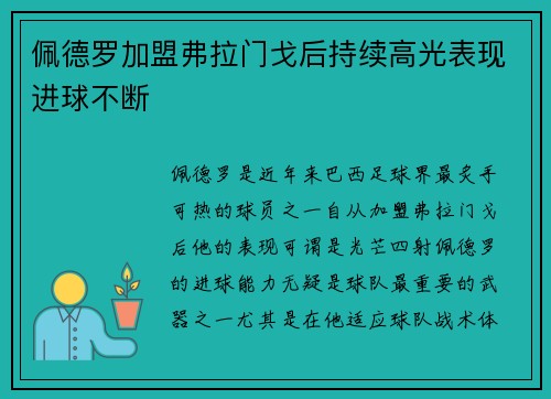 佩德罗加盟弗拉门戈后持续高光表现进球不断